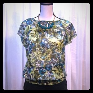 Speechless Sheer Ruffled Sleeve Keyhole Neck Top
